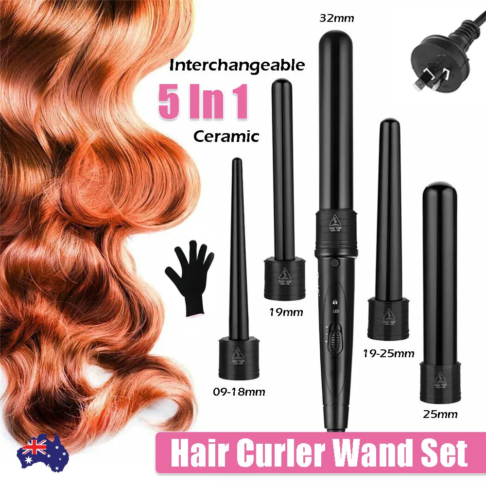 5 in 1 Hair Curler Wand Set | Ceramic Styling Curling Iron | Roller Barrel | LED   Glove