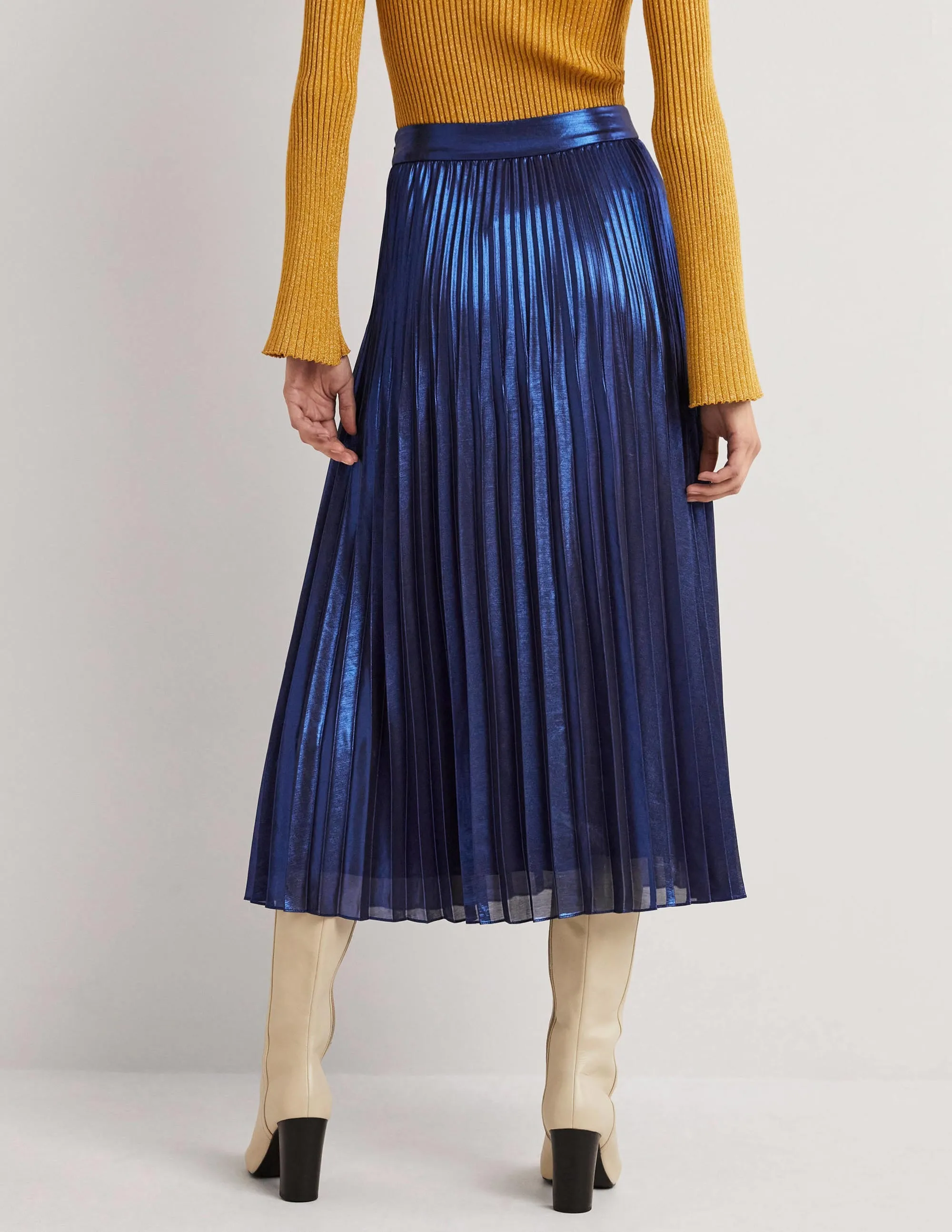 Pleated Crepe Midi Skirt-Metallic, Navy