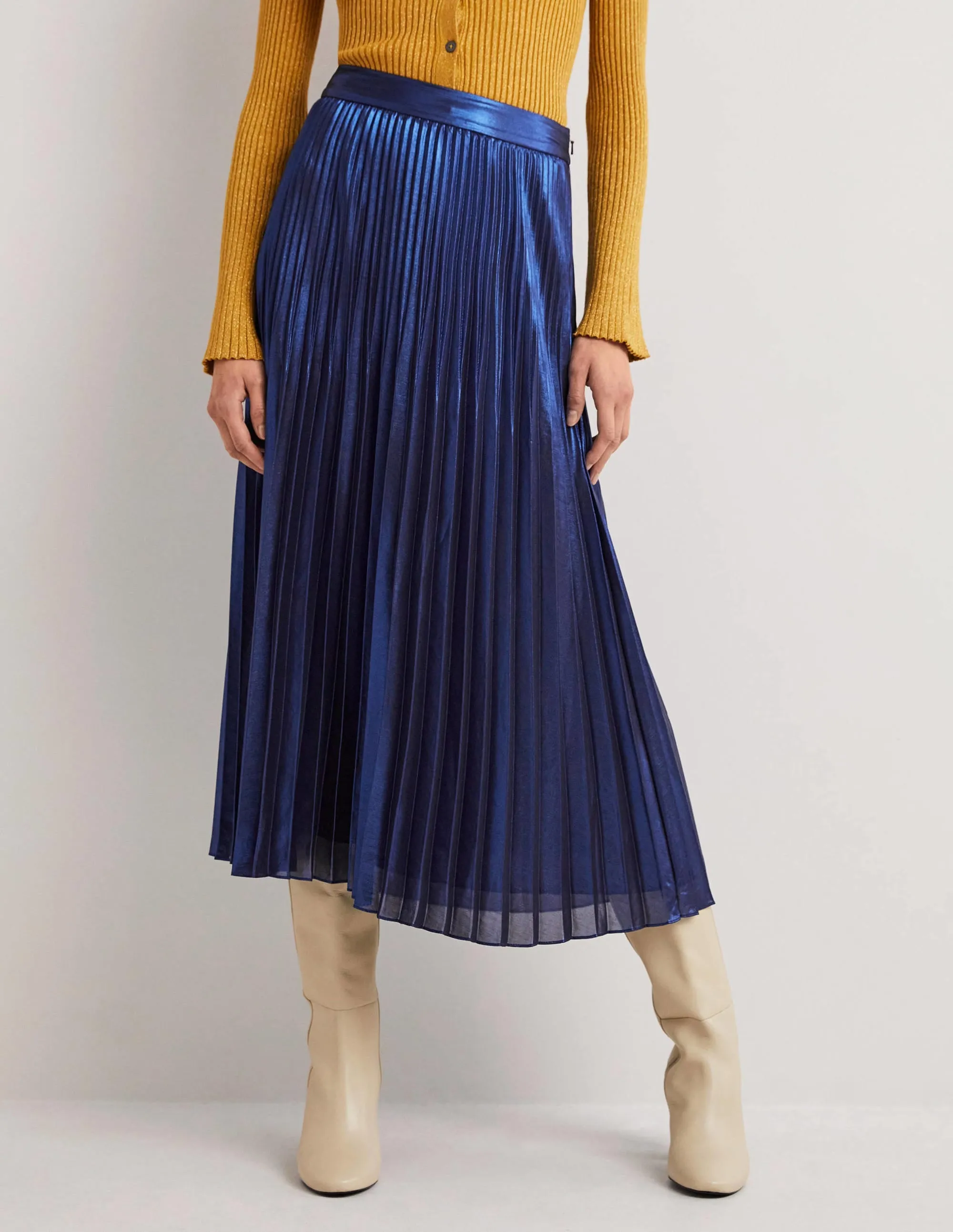 Pleated Crepe Midi Skirt-Metallic, Navy