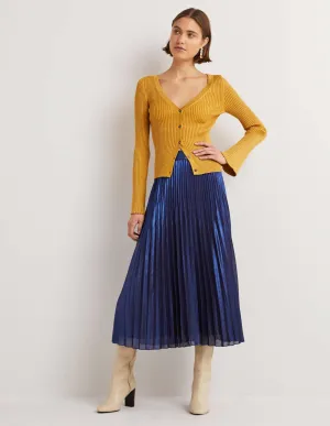 Pleated Crepe Midi Skirt-Metallic, Navy